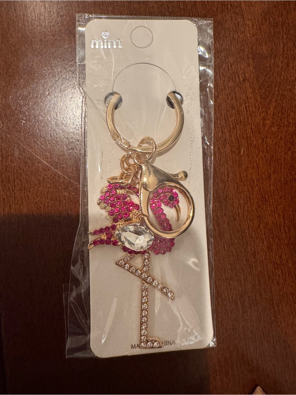 Pink Crystal Flamingo Keychain in Gold Tone - Picture 1 of 2